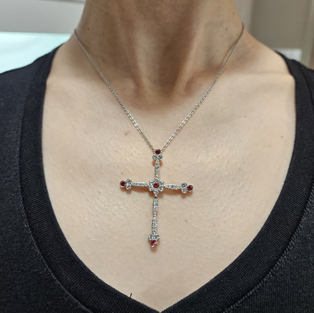 Swarovski Crystal Cross Necklace – Red Accents – Missing Stone